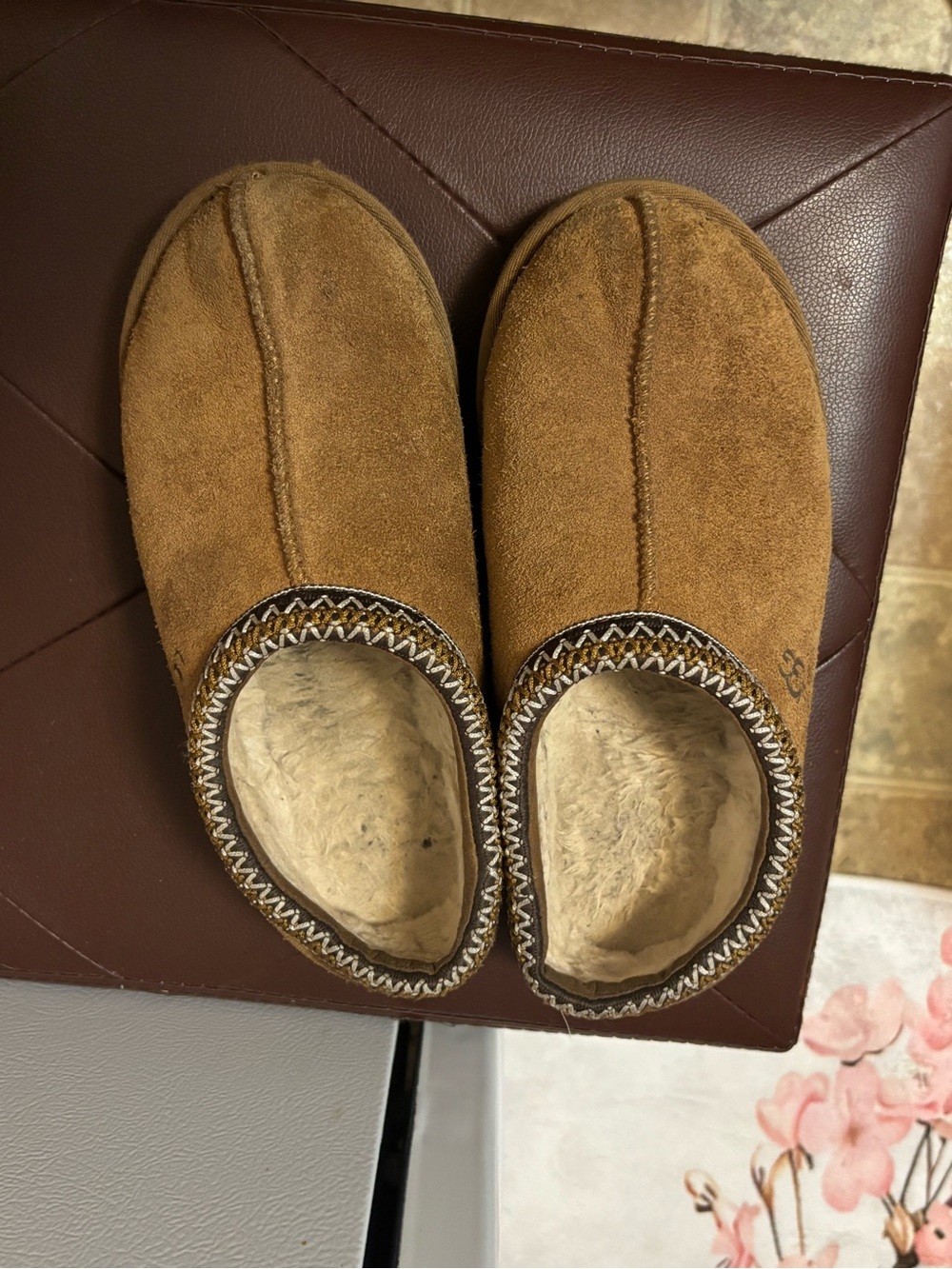 UGG Chestnut Brown Suede Shearling Lined Slippers